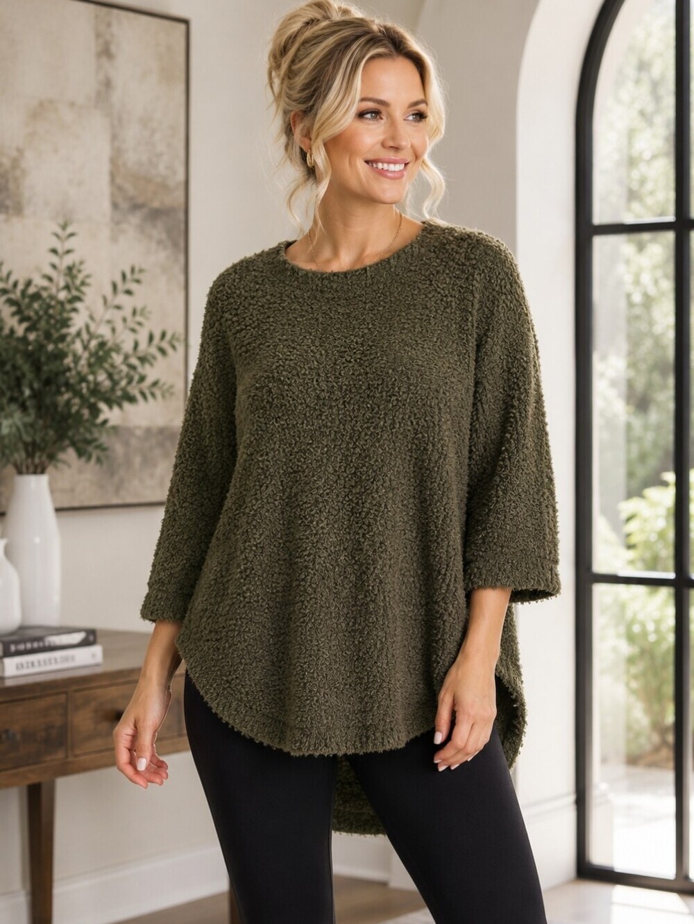 Olive Green Popcorn Boucle Eyelash Knit Hi-low Sweater Top